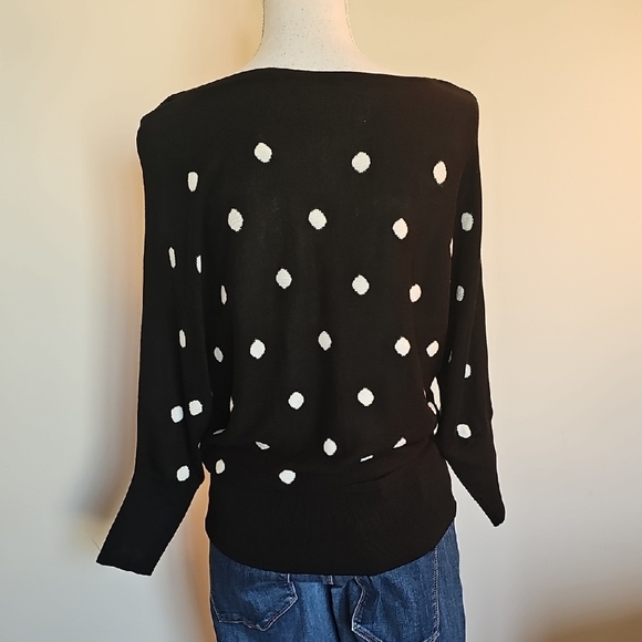 WHBM Off-the-Shoulder Black Sweater with White Dots - Picture 3 of 6